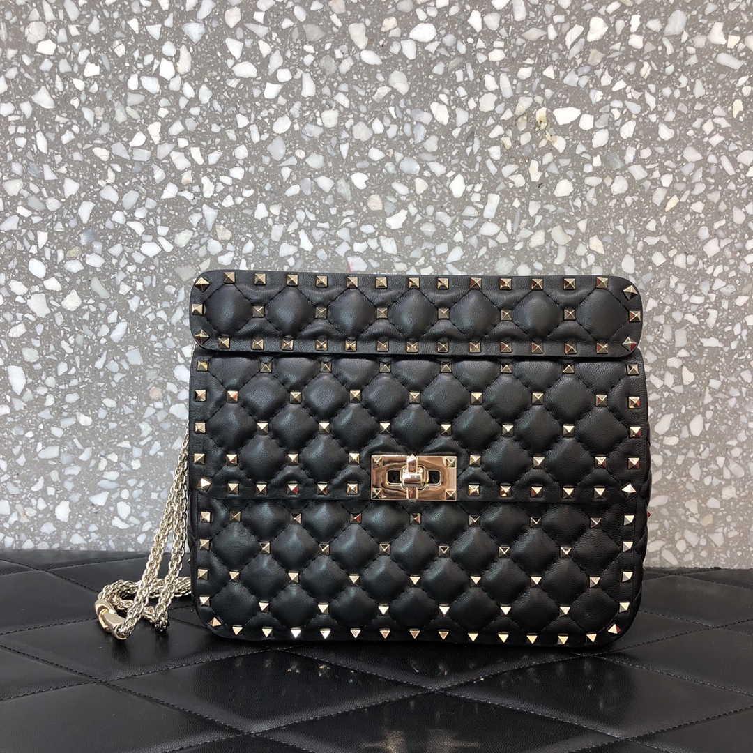 Valentino Garavani Rockstud Spike Medium Chain Bag in Black Supple Lambskin Nappa